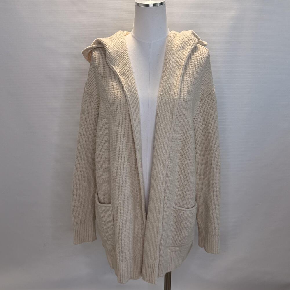 James Perse Hooded Open Cardigan Sweater Womens 2 Beige Waffle Knit Pockets
